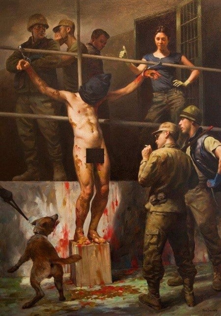 Torturas de la CIA y el Ejército norteamericano en la prisión de Abu-Ghraib, Irak. Max Ginsburg, 2009. Óleo sobre lienzo